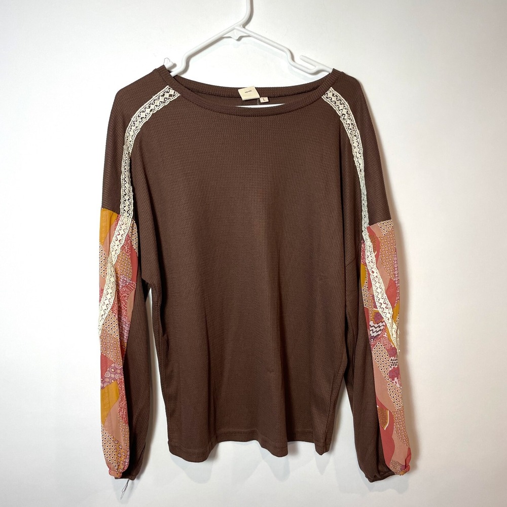 Grace & Emma Pullover Knit Sweater‎ Womens L Brown Long Sleeve Lace Trim Boho